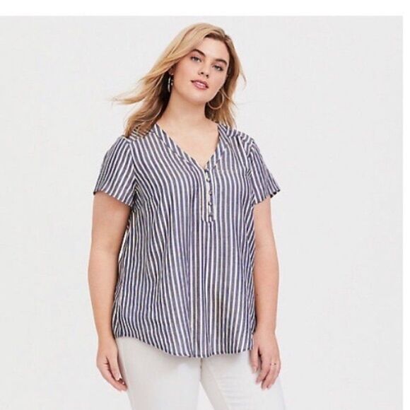 Torrid Blue and Sparkly Gold Lurex Striped Blouse 0/0X - Picture 1 of 15